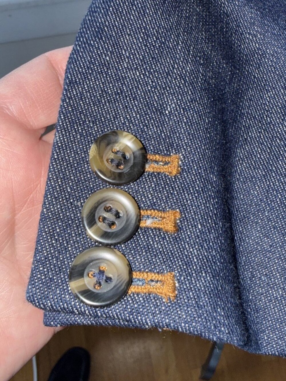 Ann Taylor Loft Navy Blue Heavy Chambray Denim, Double Breasted Blazer Jacket 2 - Picture 4 of 16